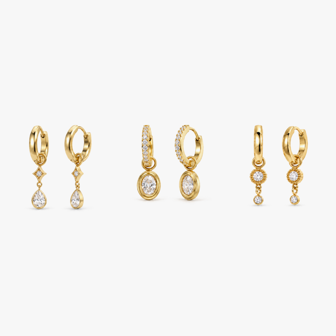 Bezel Charm-Creolen Set Gold – Round Bezel, Oval Bezel und Pear Cut Charm-Creolen