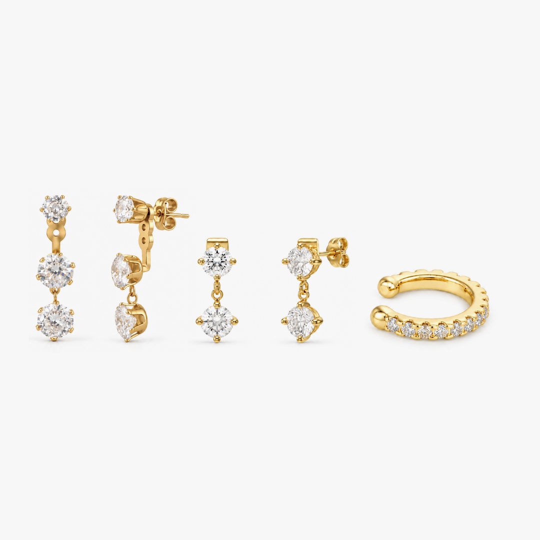 Brilliant Earstack Trio Gold – Ohrringe Set mit Ear Cuff