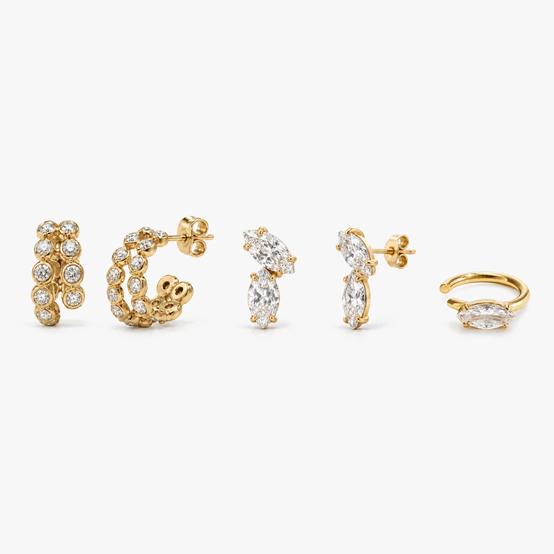 Éclat Earstack Set in Gold: Éclat Bezel Creolen, Marquise Duo Ohrstecker und Marquise Ear Cuff