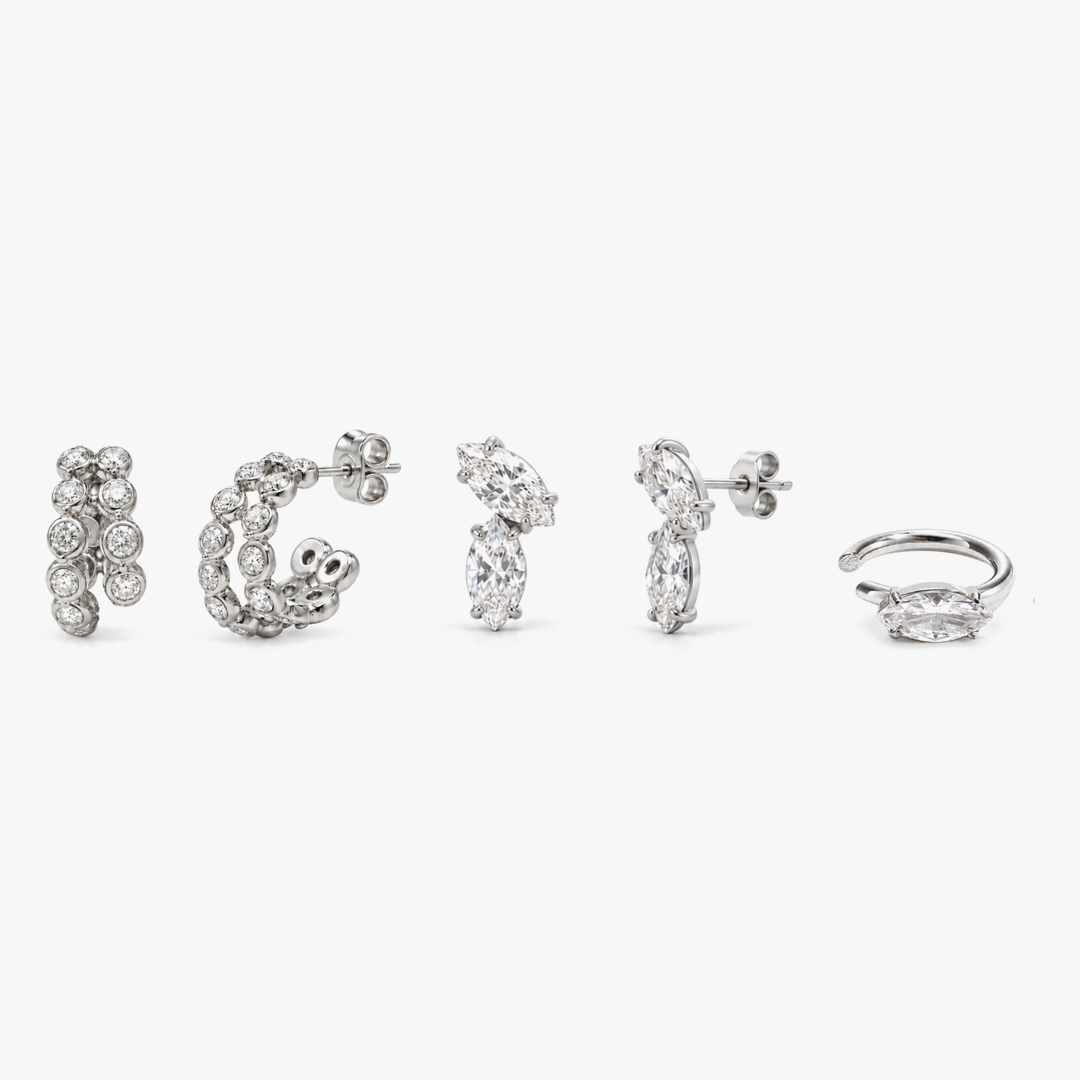 Éclat Earstack Set in Silber: Éclat Bezel Creolen, Marquise Duo Ohrstecker und Marquise Ear Cuff