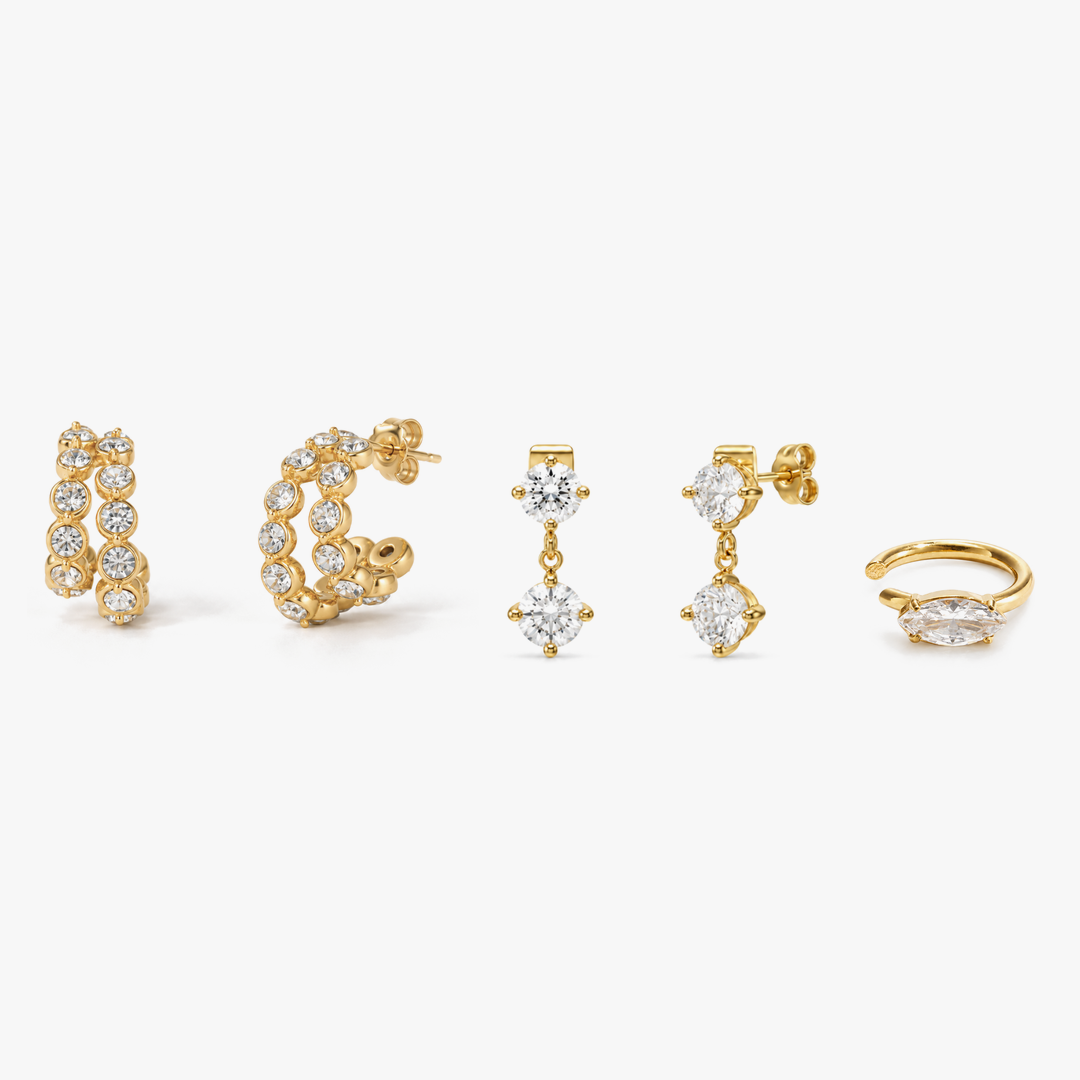 Marquise Brilliant Earstack in Gold: Éclat Bezel Creolen, Round Brilliant Studs und Marquise Ear Cuff