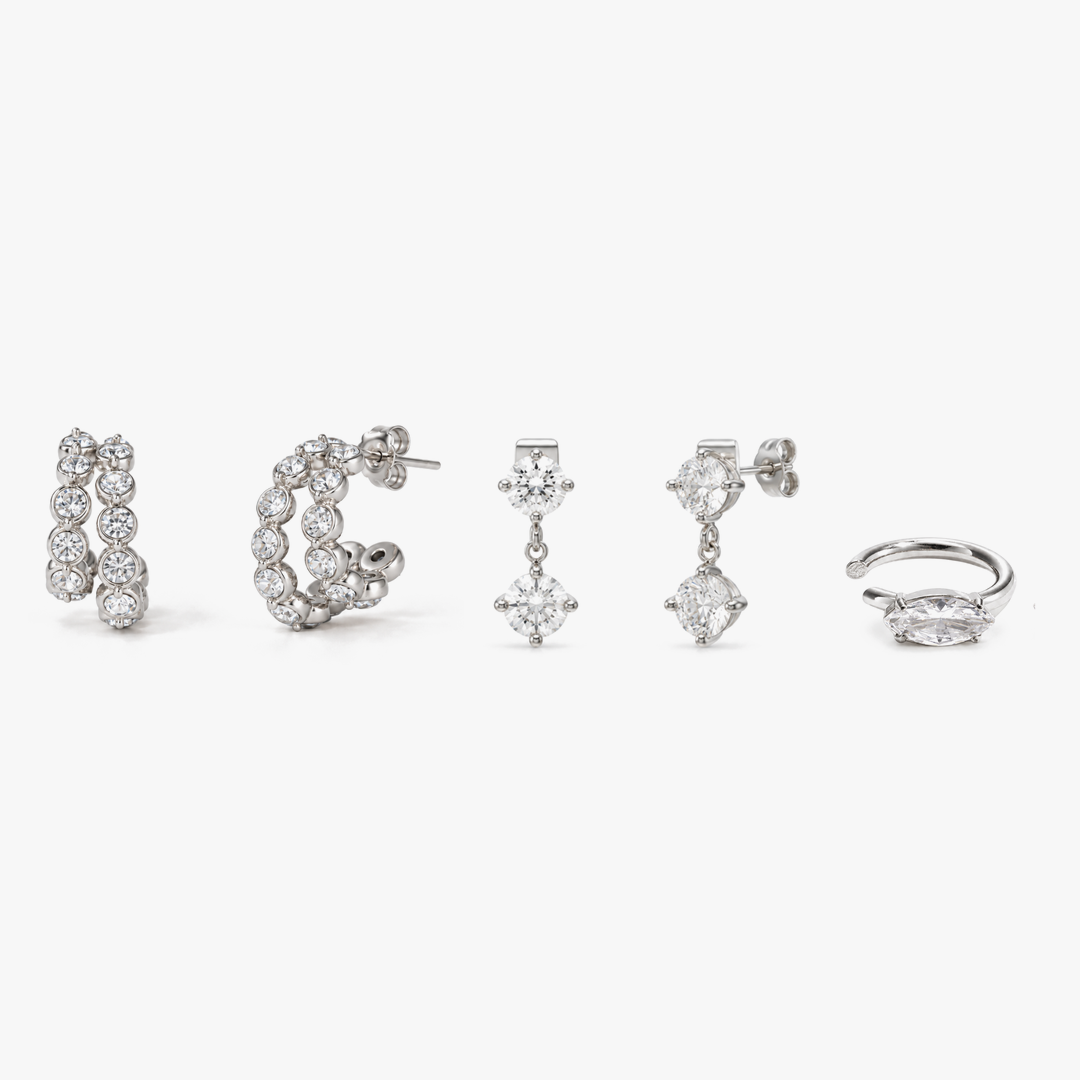 Marquise Brilliant Earstack in Silber: Éclat Bezel Creolen, Round Brilliant Studs und Marquise Ear Cuff